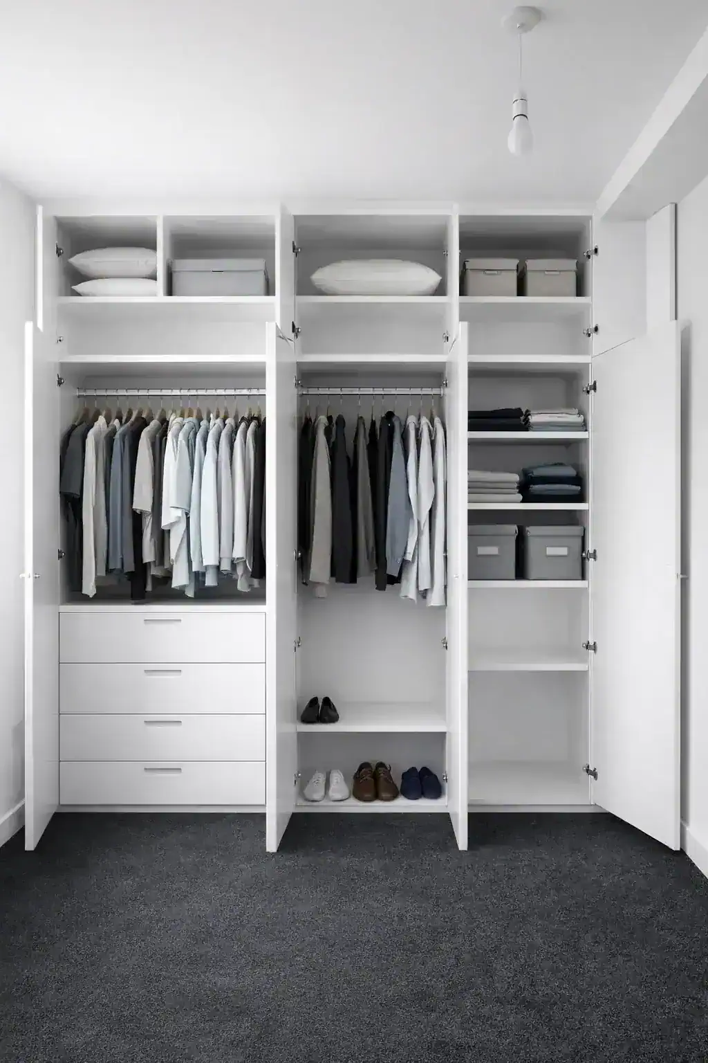 White fitted wardrobe open in an Edinburgh bedroom