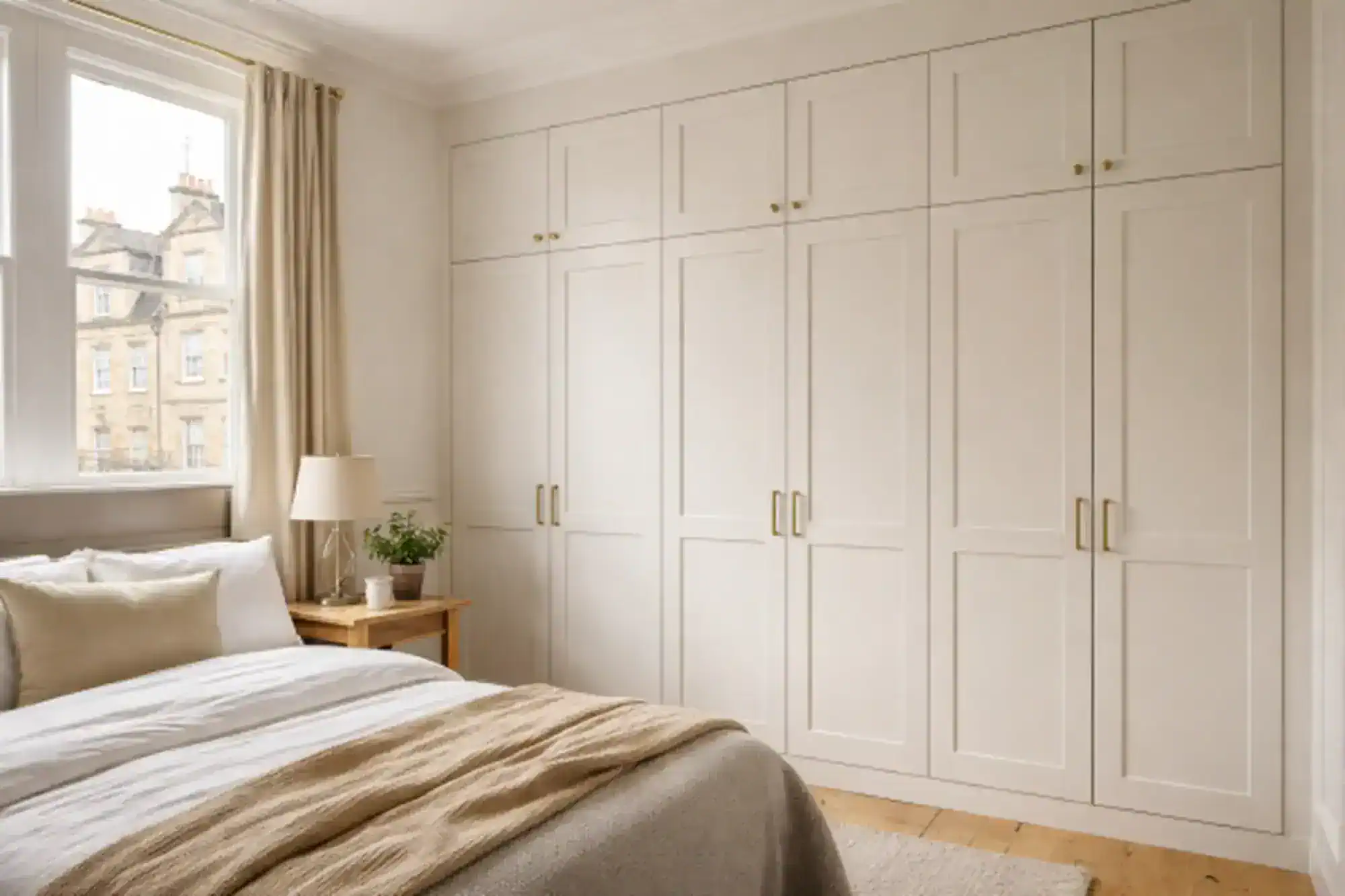 Completed fitted wardrobes built around an Edinburgh bedroom alcove