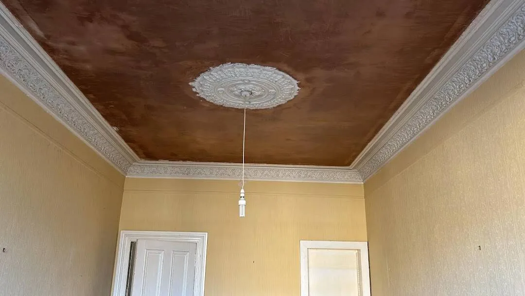 Period ceiling cornice retained during plaster repairs in an Edinburgh property