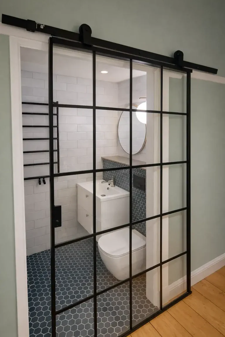 Finished bathroom shower enclosure with black framed glass and tiled walls