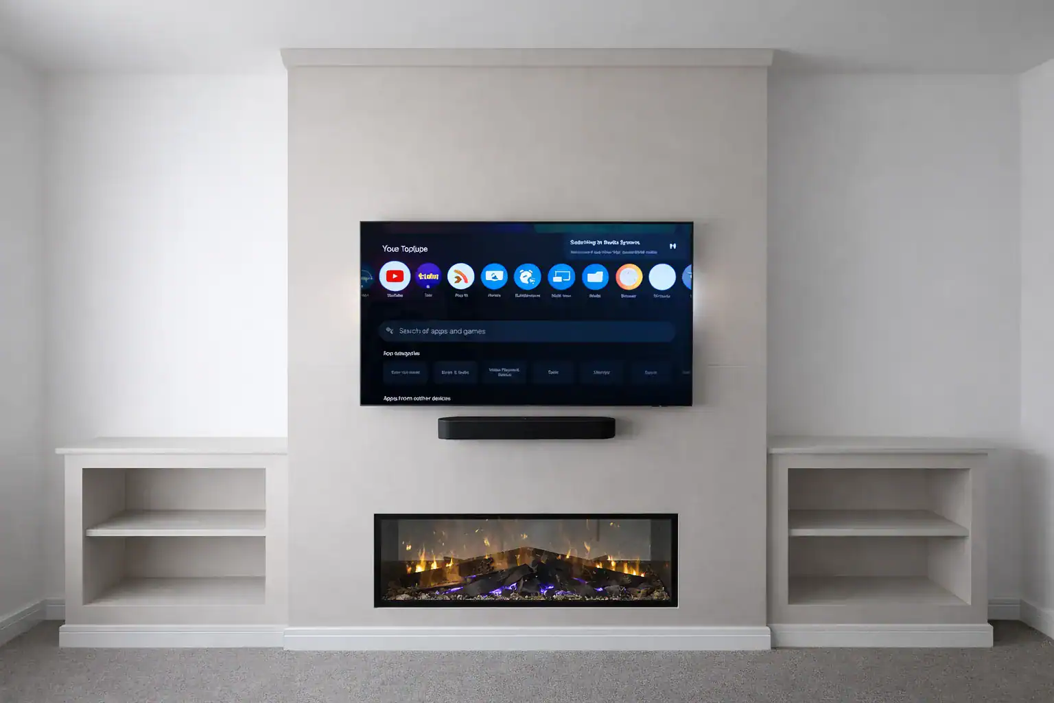 Custom media wall in Edinburgh with integrated shelving and concealed cabling