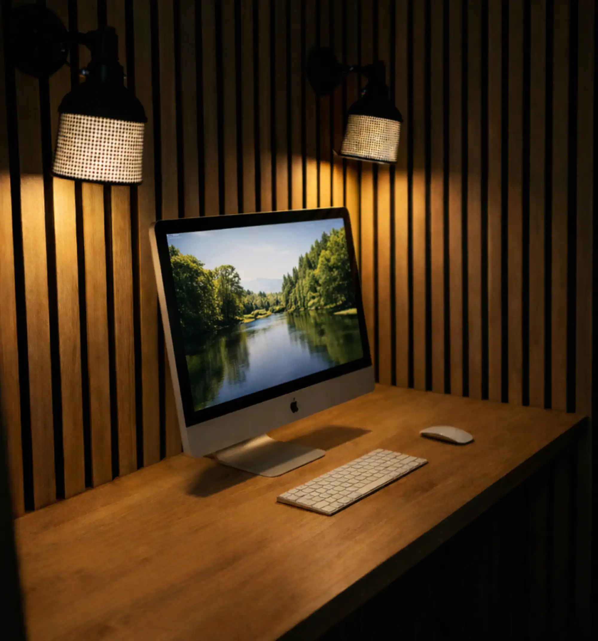 Timber home-office desk with a clear work surface, computer and wall lighting