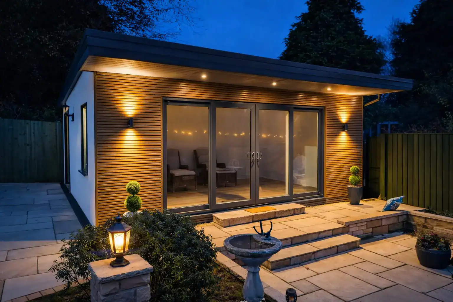 Timber garden summerhouse illuminated at night with warm interior lighting and glazed doors, set within a residential garden