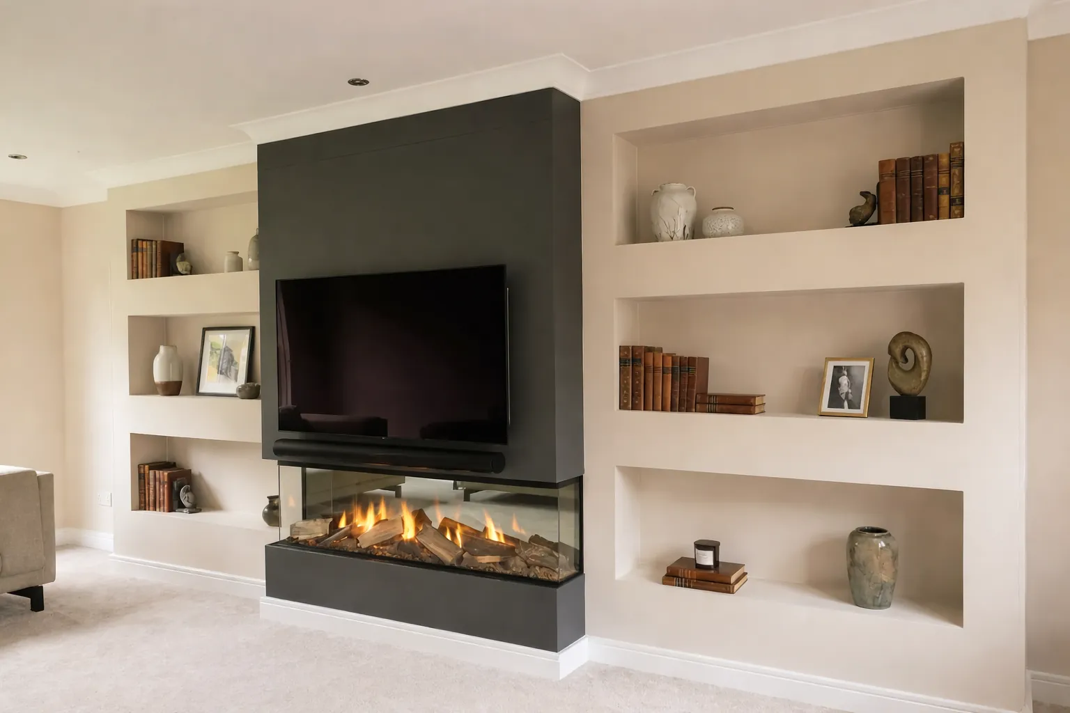 Styled media wall with integrated fireplace and illuminated shelving in Edinburgh